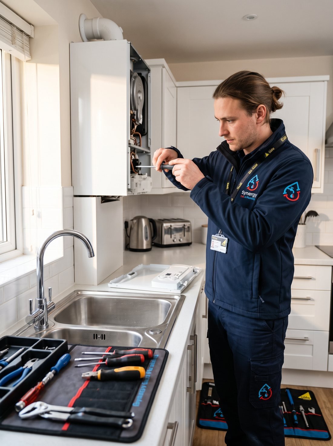 Synergy Gas & Plumbing engineer diagnosing a boiler fault in a Birmingham home