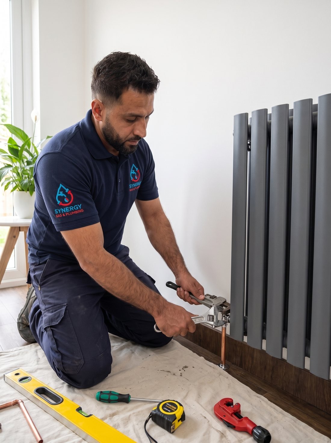 Synergy Gas & Plumbing engineer working on a radiator installation